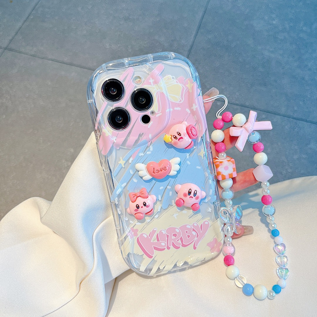 Ốp lưng i phone viền sóng đính charm nổi hình kirby Hồng 7plus 8plus x xsmax 11 11promax 12 promax 13 13promax 14promax