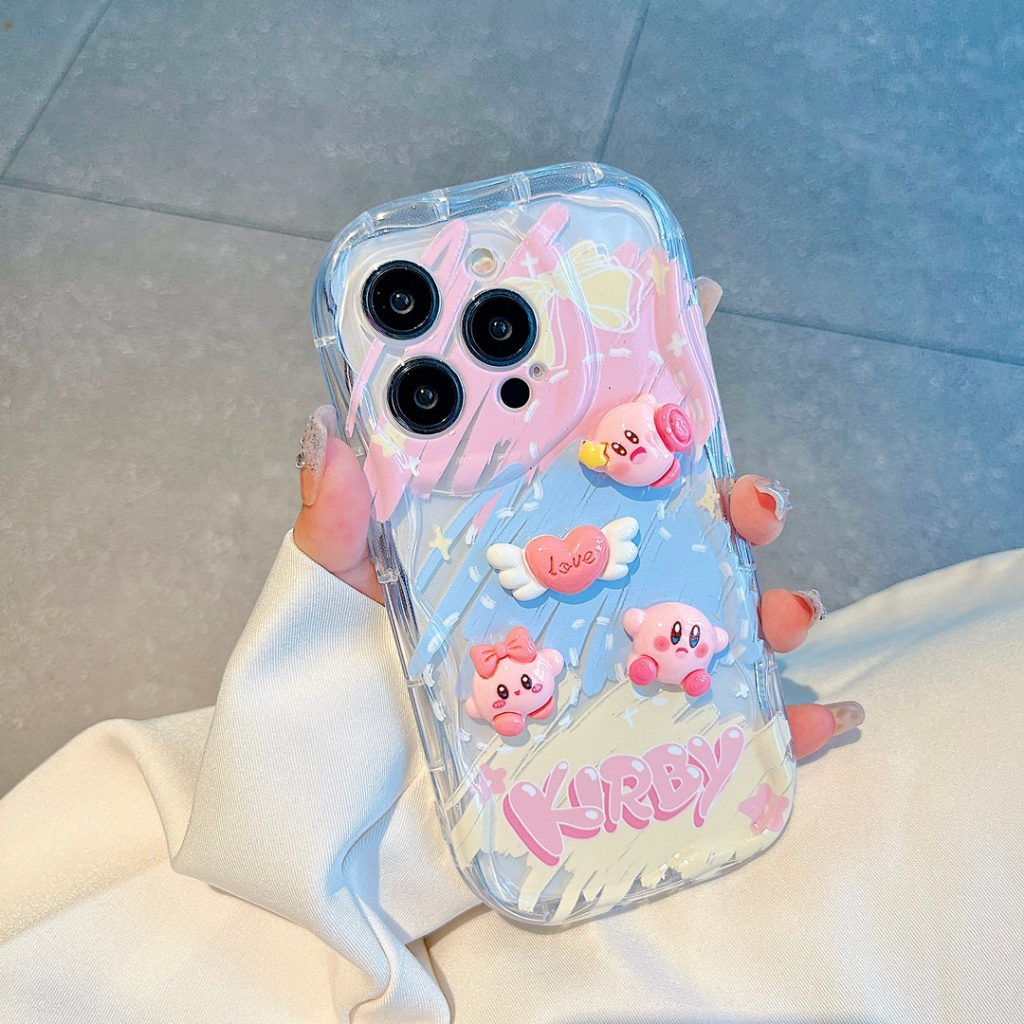 Ốp lưng i phone viền sóng đính charm nổi hình kirby Hồng 7plus 8plus x xsmax 11 11promax 12 promax 13 13promax 14promax