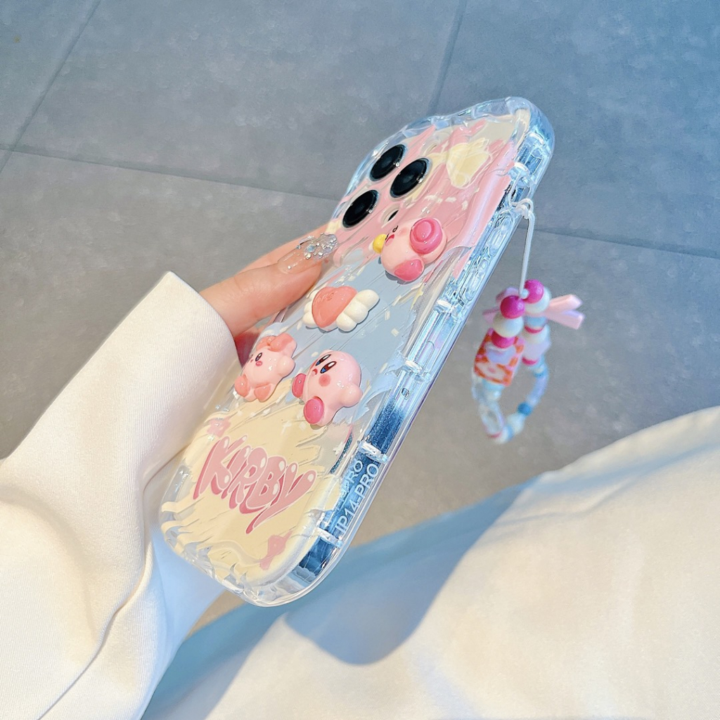 Ốp lưng i phone viền sóng đính charm nổi hình kirby Hồng 7plus 8plus x xsmax 11 11promax 12 promax 13 13promax 14promax