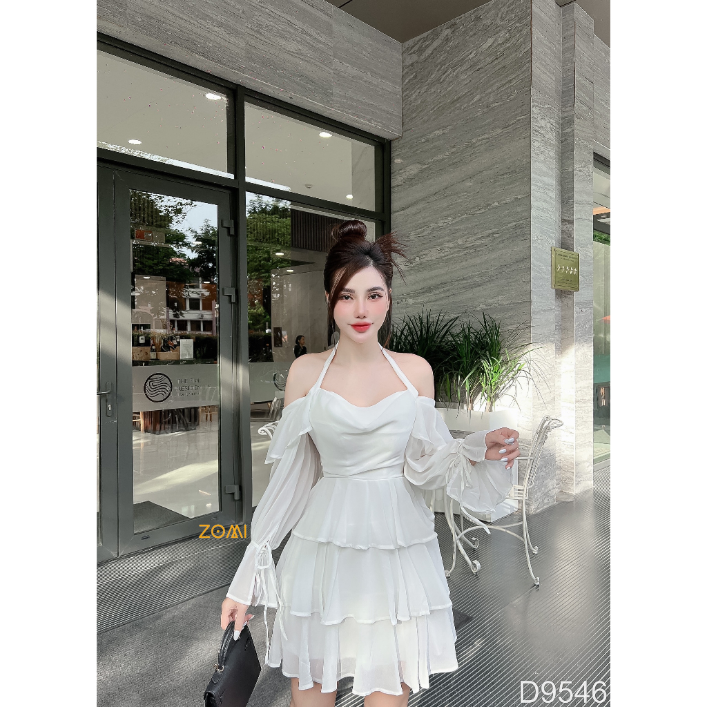Đầm cổ yếm trễ vai xèo tầng điệu đà thiết kế ZOMI D9546