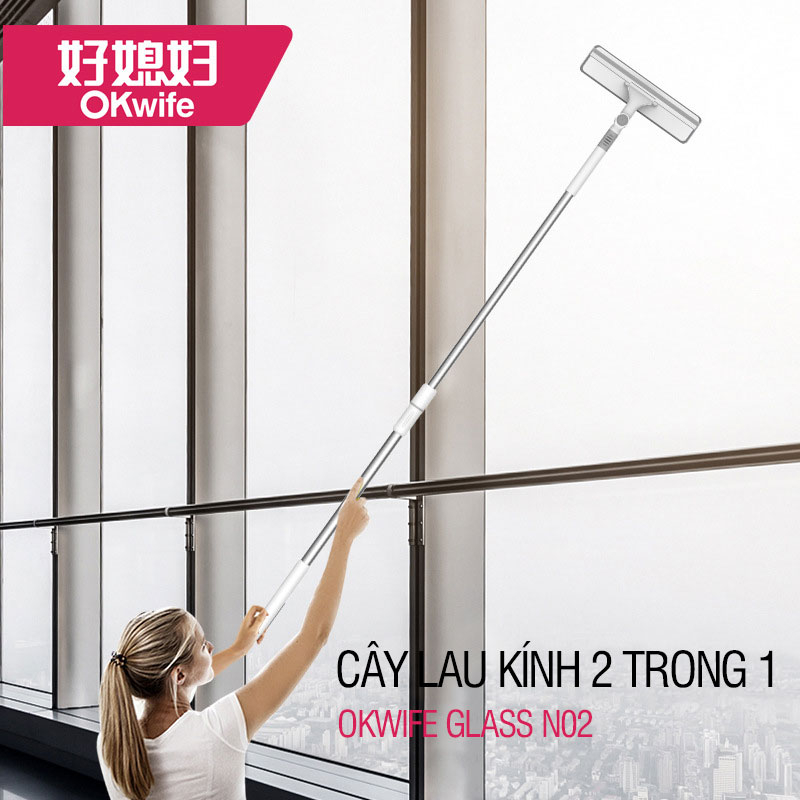 Cây lau kính thông minh OKwife Glass N02 chổi lau kính, gạt chùi kính đa năng 2 đầu trong 1, cán tăng giảm chiều dài 150