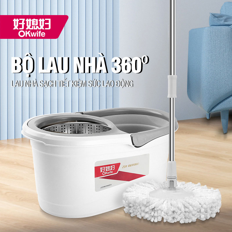 Bộ lau nhà 360 độ OKwife Spin Mop có thùng tự vắt có lồng inox chống gỉ, cây lau nhà 360 độ, bh 12 tháng, 2 bông lau