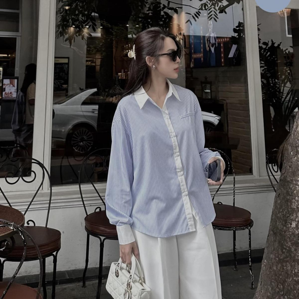 Áo Sơ Mi Nữ Kẻ Xanh Nẹp Trắng Thời Trang 23SM005 nOneuf by Quỳnh Lương