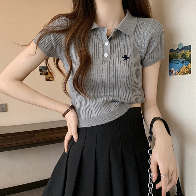 Áo len polo thêu cộc tay dáng ôm Maia Aolenpolotheu32158 P11K7