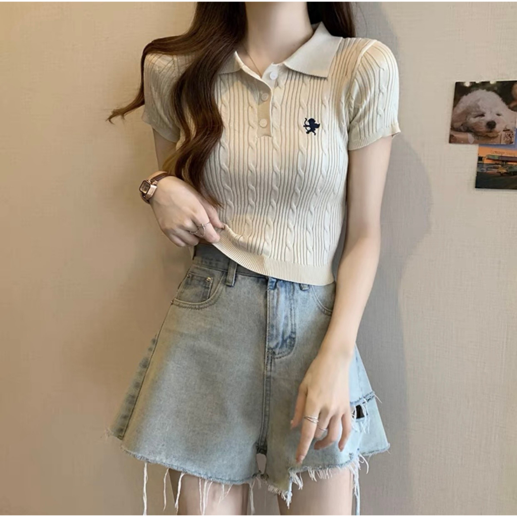 Áo len polo thêu cộc tay dáng ôm Maia Aolenpolotheu32158 P11K7