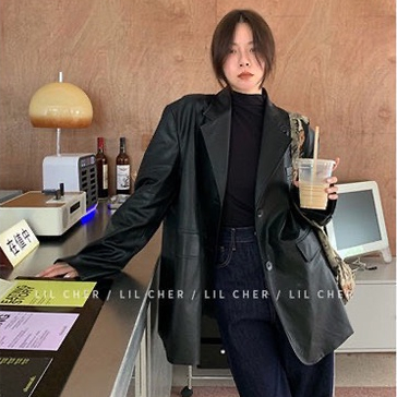 (Order) Áo khoác da blazer đen, nâu cúc gài dáng rộng unisex Sereinclothing.st2w dành cho nữ