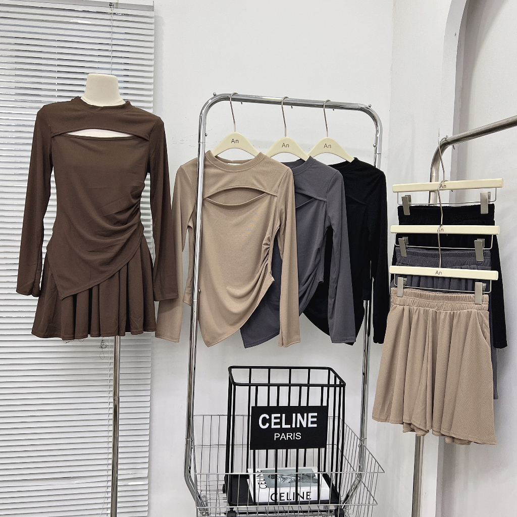 Sét 2 món Áo Thun Tăm Dài Tay Khoét Ngực Kèm Quần Sooc Xoè Giả Váy PHUONGANH