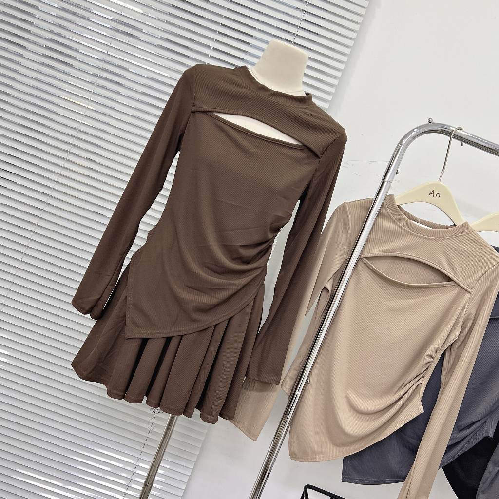 Sét 2 món Áo Thun Tăm Dài Tay Khoét Ngực Kèm Quần Sooc Xoè Giả Váy PHUONGANH