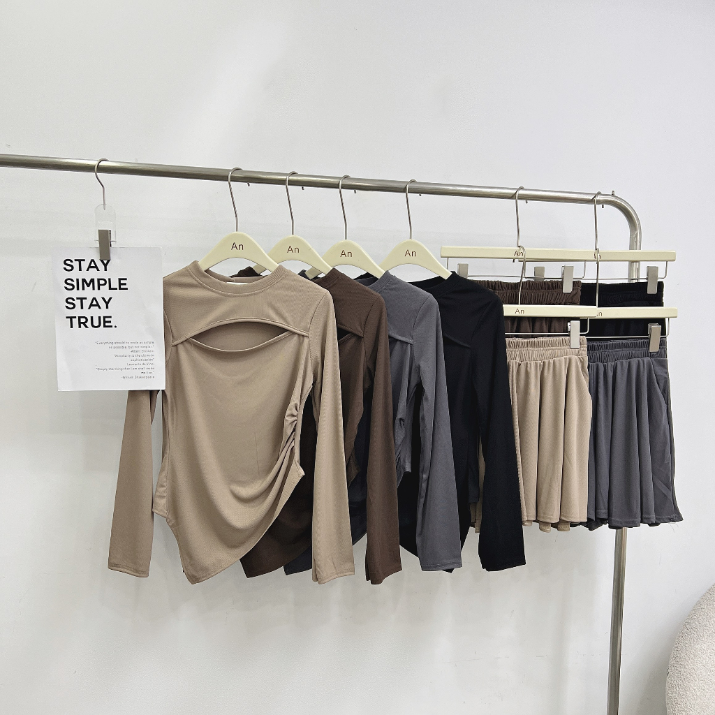 Sét 2 món Áo Thun Tăm Dài Tay Khoét Ngực Kèm Quần Sooc Xoè Giả Váy PHUONGANH