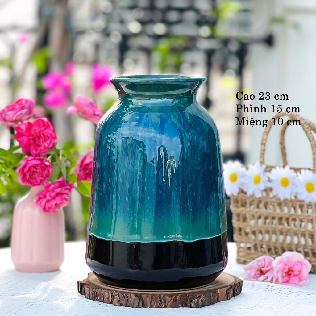 Lọ hoa, bình hoa gốm sứ Bát Tràng cỡ vừa và nhỏ men xanh hỏa biến vân đá với hơn 30 mẫu decor trang trí để bàn đẹp Part1
