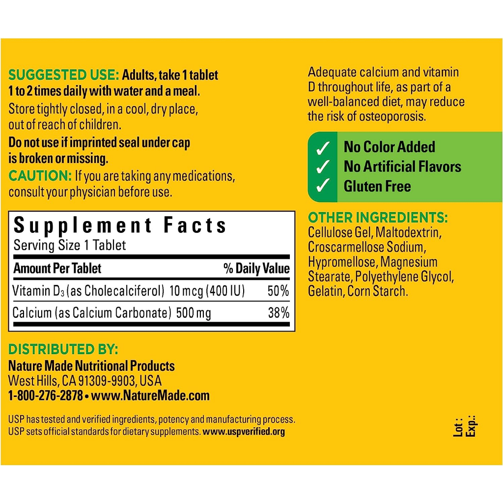 Viên uống Calcium 500mg Nature Made hỗ trợ xương hũ 130 viên