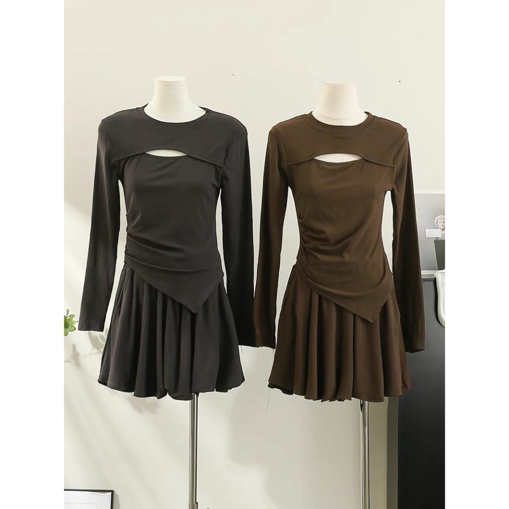 Sét 2 món Áo Thun Tăm Dài Tay Khoét Ngực Kèm Quần Sooc Xoè Giả Váy PHUONGANH