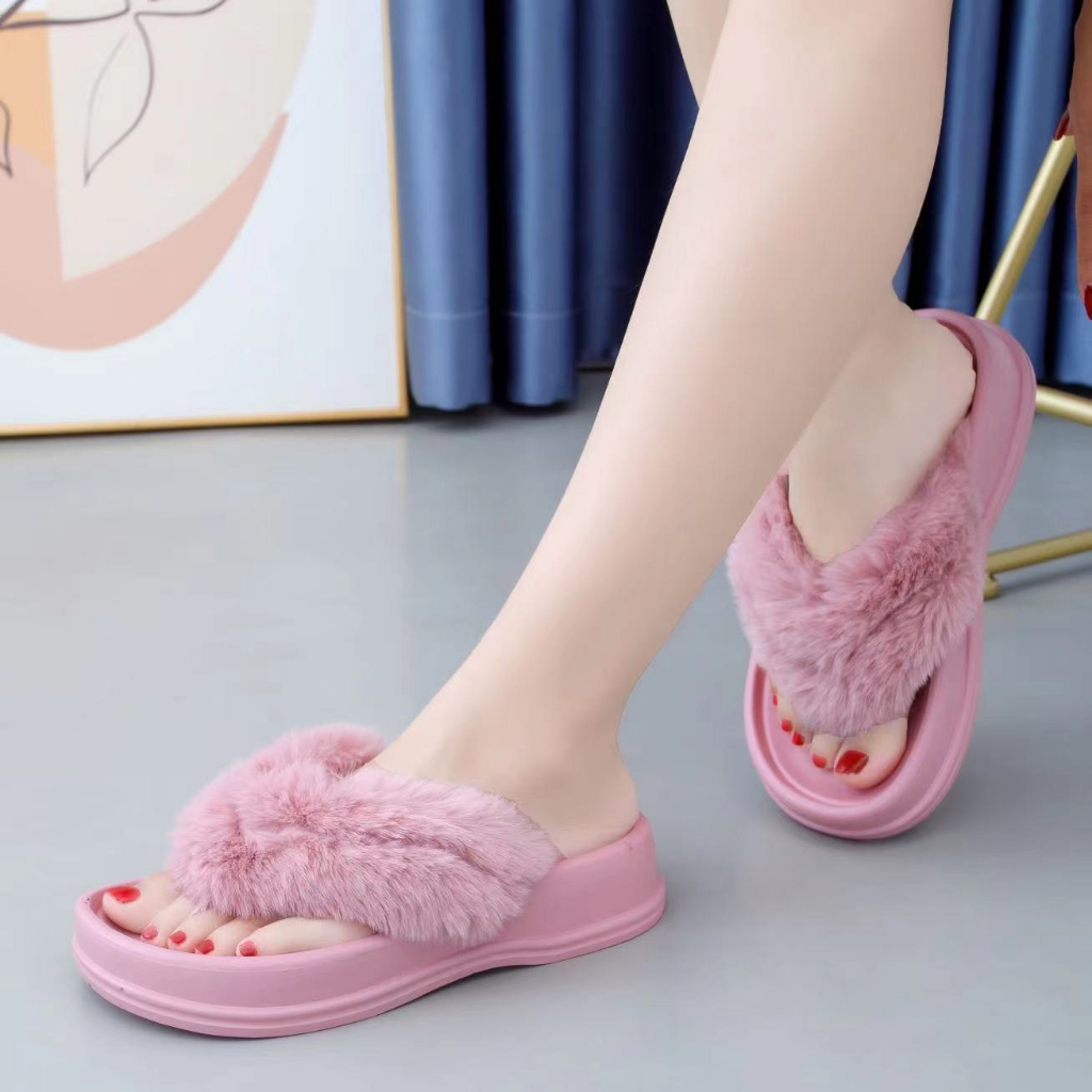 8560- BEST SHOP- Dép kẹp nữ lông xù đế nhựa không thấm nước đi được trong nhà hoặc ra ngoài hàng có sẵn