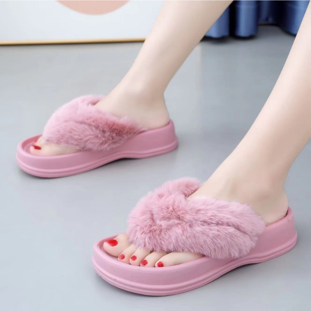 8560- BEST SHOP- Dép kẹp nữ lông xù đế nhựa không thấm nước đi được trong nhà hoặc ra ngoài hàng có sẵn