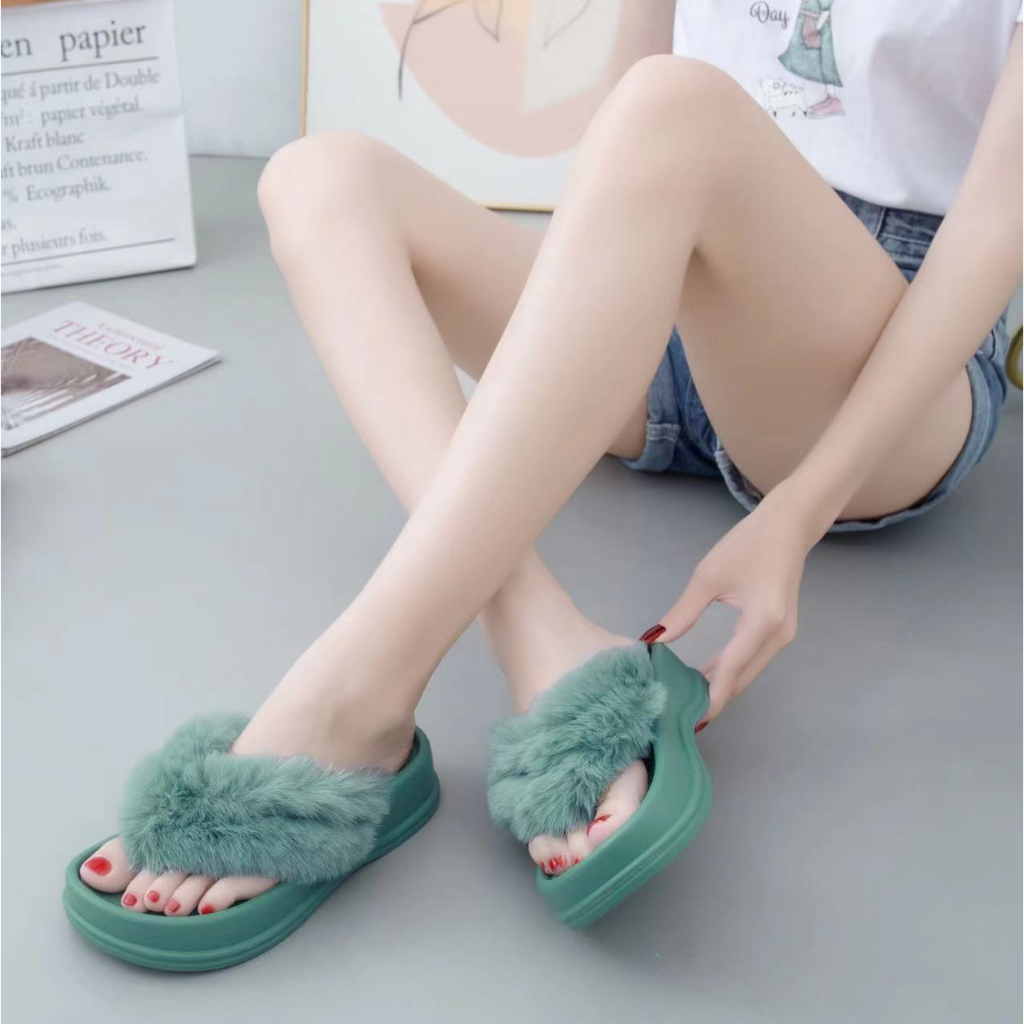 8560- BEST SHOP- Dép kẹp nữ lông xù đế nhựa không thấm nước đi được trong nhà hoặc ra ngoài hàng có sẵn