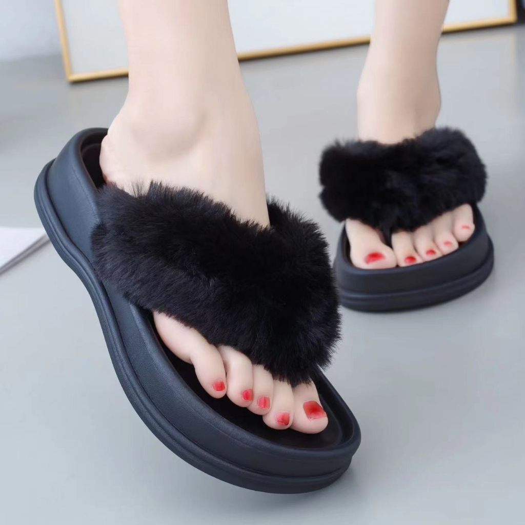 8560- BEST SHOP- Dép kẹp nữ lông xù đế nhựa không thấm nước đi được trong nhà hoặc ra ngoài hàng có sẵn