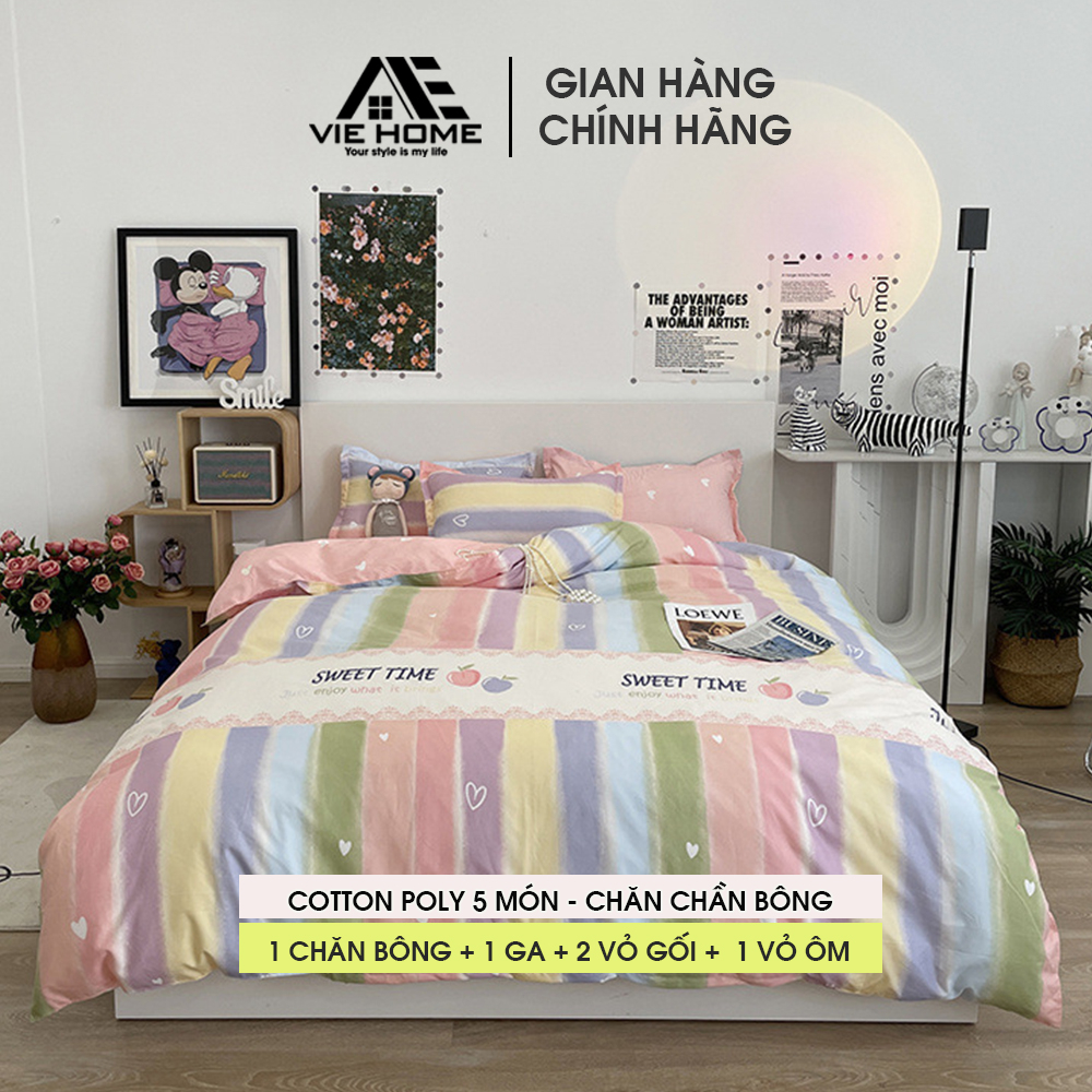 Bộ chăn ga gối cotton poly VIE HOME set 5 món chần bông, Drap nệm nhiêu kích thước miễn phí may bo chun M4 M6 M8