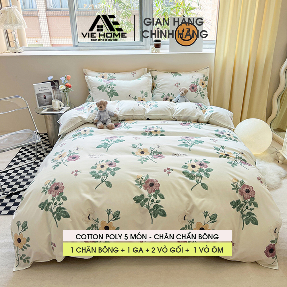 Bộ chăn ga gối Cotton Poly Vie Home - Bedding họa tiết hoa lá, hình thú 3D dễ thương nhiều size ra trải giường M4 M6 M8
