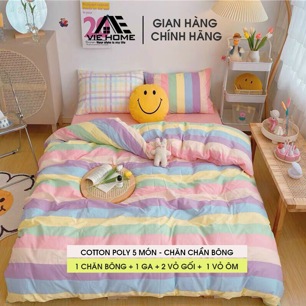 Bộ chăn ga gối Cotton Poly Vie Home - Bedding họa tiết hoa lá, hình thú 3D dễ thương nhiều size ra trải giường M4 M6 M8