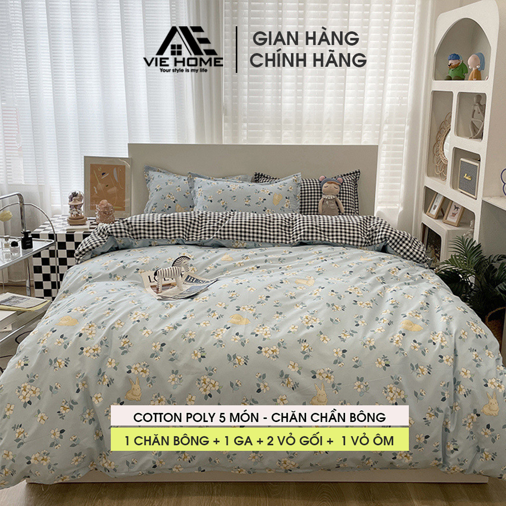 Bộ chăn ga gối cotton poly VIE HOME set 5 món chần bông, Drap nệm nhiêu kích thước miễn phí may bo chun M4 M6 M8