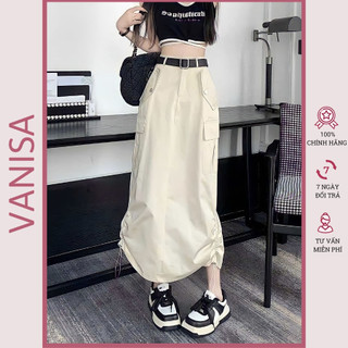 Chân váy midi dài nữ túi hộp cạp cao rút dây dáng dài lưng cao xẻ tà sau hàn quốc vintage đen trắng xám kaki VANISA CV24