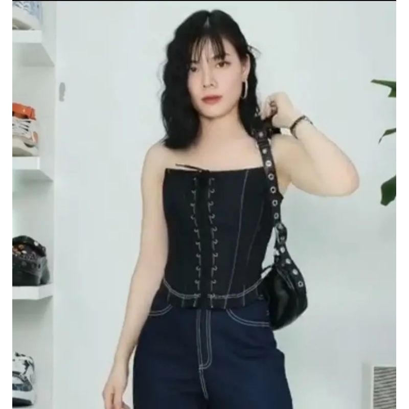 femei - áo corset jean cúp ngực có gọng định hình ( màu đậm )