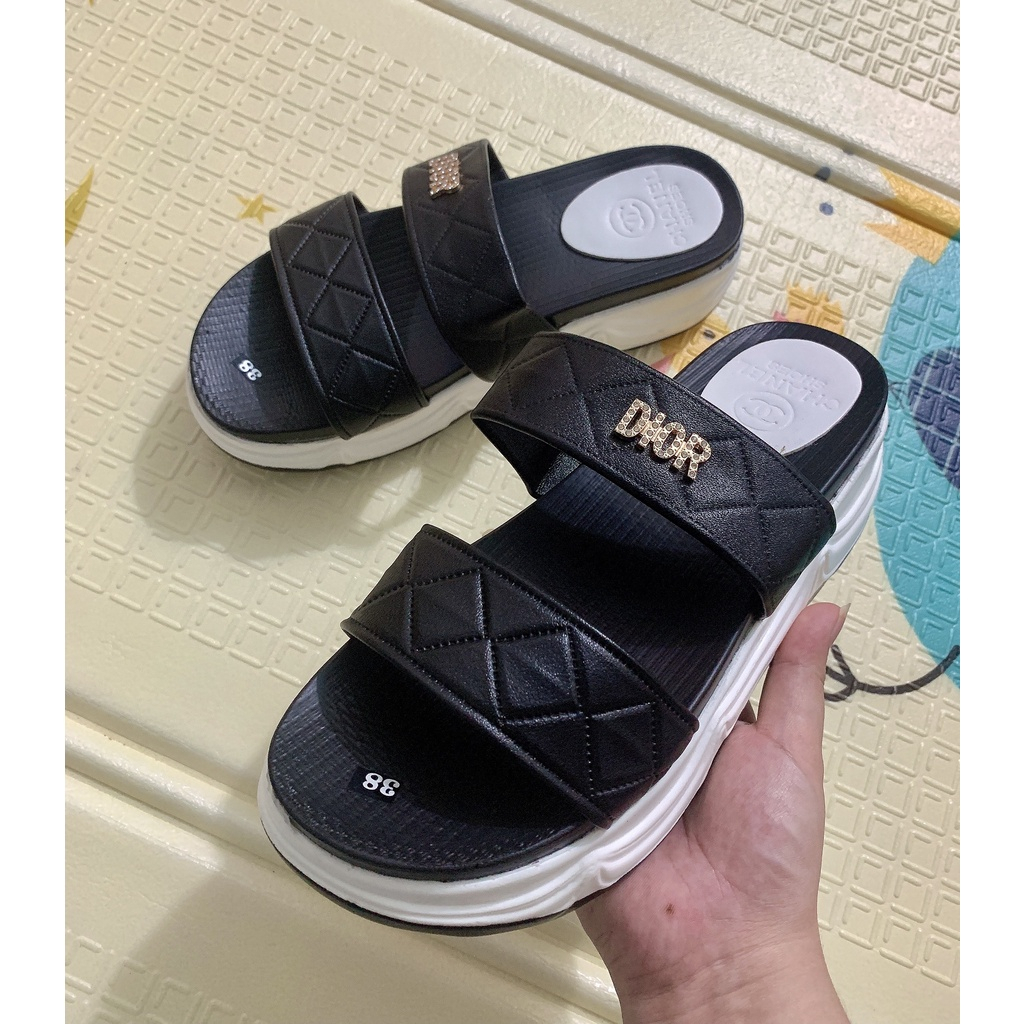 Dép lê nữ 2 quai da trần trám đế xuồng cao thời trang ,Dép Bánh Mì Cao Nữ Đế PU 5P Siêu Nhẹ Cực Êm Quai Dập Sắc Nét