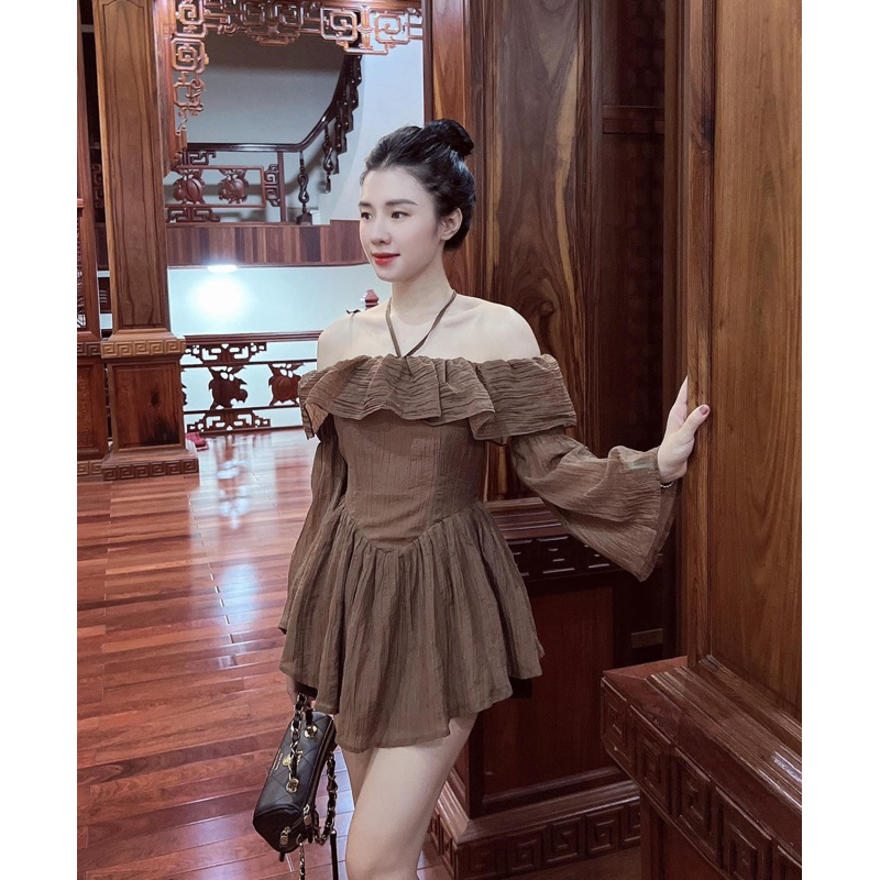 Váy trễ vai tơ hàng quảng châu thiết kế tay bồng, chân váy xoè tôn dáng cho nữ có bốn màu, đầm trễ vai hàng 2 lớp