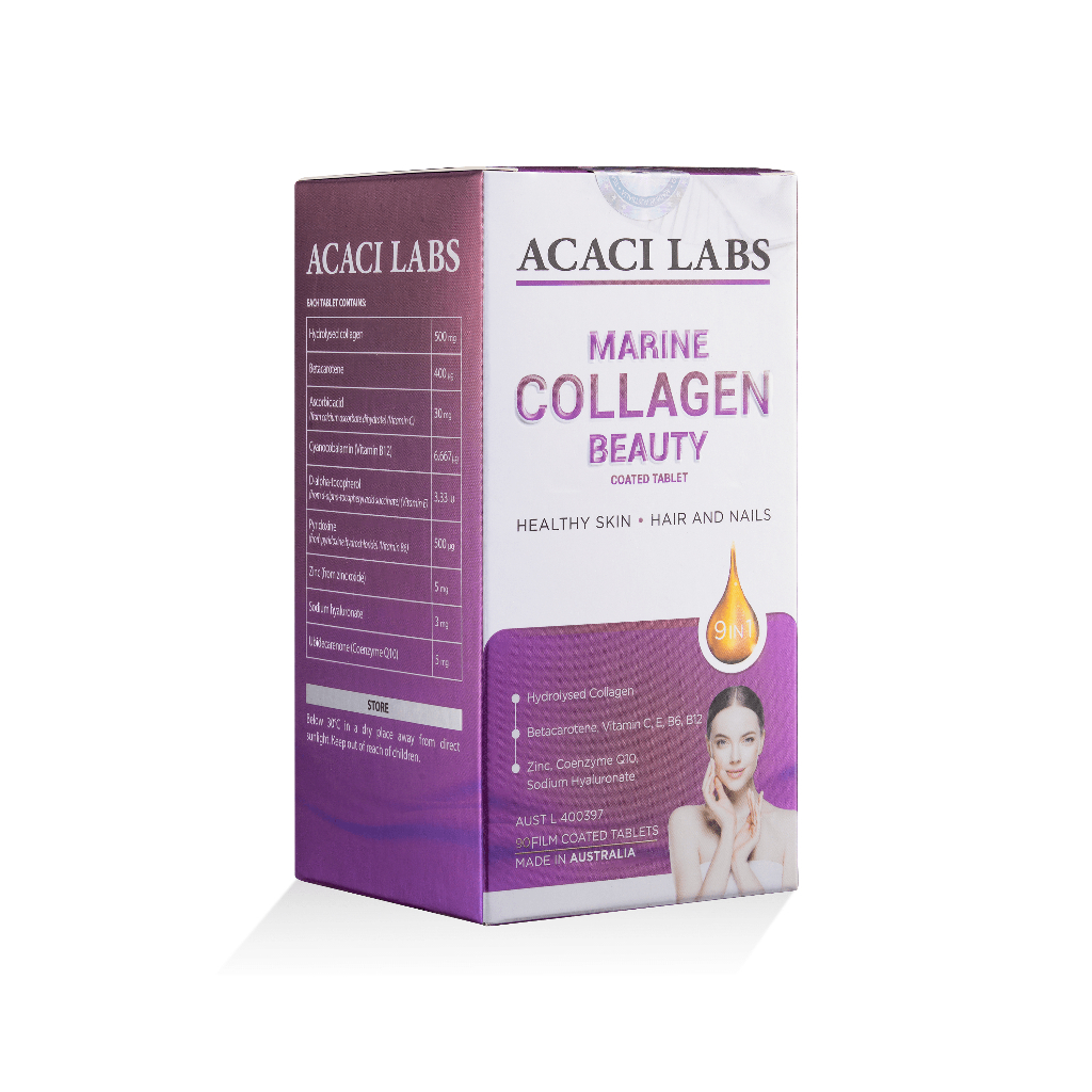 Viên uống hỗ trợ da & tóc khỏe Acaci Labs Marine Collagen Beauty Coated tablet 90 Viên - ajaskinlab