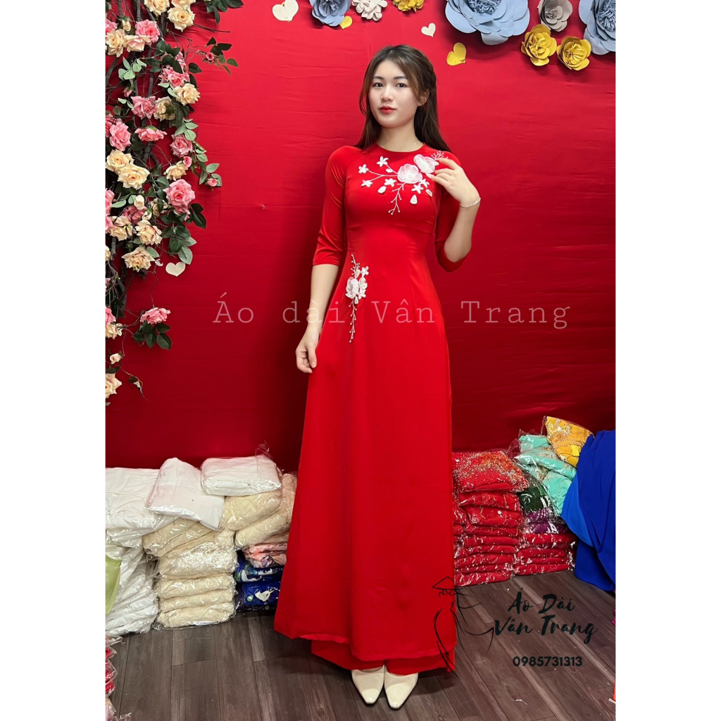 Áo Dài Truyền Thống, Bộ Áo Dài Lụa Mỹ Thêu Hoa Ruy Băng Cao Cấp Màu Đỏ