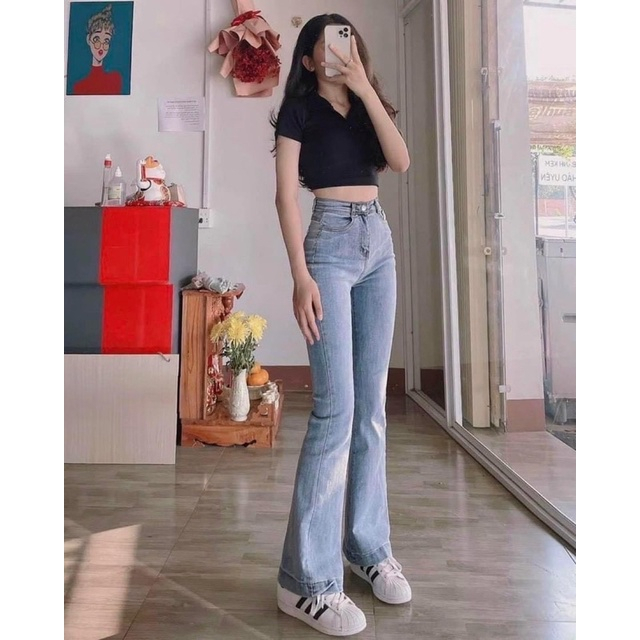 Quần jeans ống loe lai 3 phân phom chuẩn hack dáng siêu đỉnh, co dãn 4 chiều