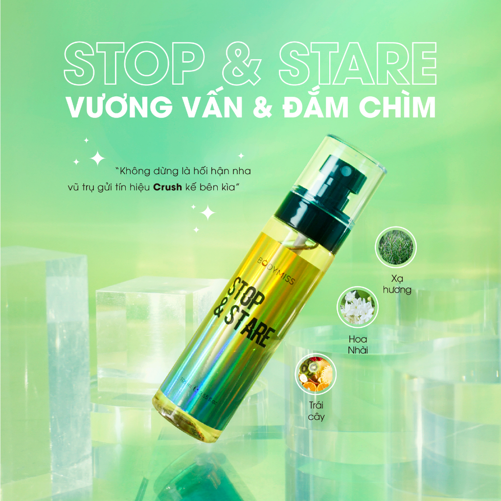 Bodymist xịt thơm toàn thân stop & stare hương nước hoa, 3 tầng hương riêng biệt, đi chơi, hẹn hò BODYMISS 105ml