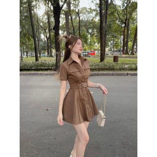 VÁY KAKI NÂU XẾP LI KÈM ĐAI - HÀNG QC CAO CẤP