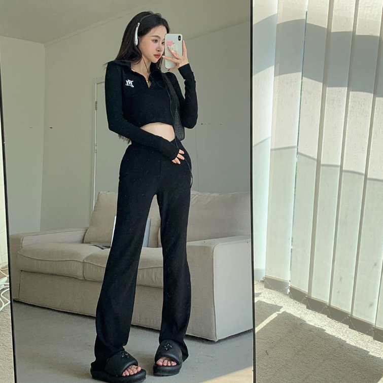 Áo thun polo croptop tay dài  thun gân màu đen Sereinclothing.st2w dành cho nữ