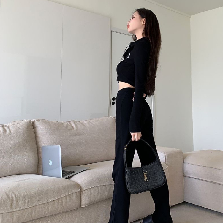 Áo thun polo croptop tay dài  thun gân màu đen Sereinclothing.st2w dành cho nữ