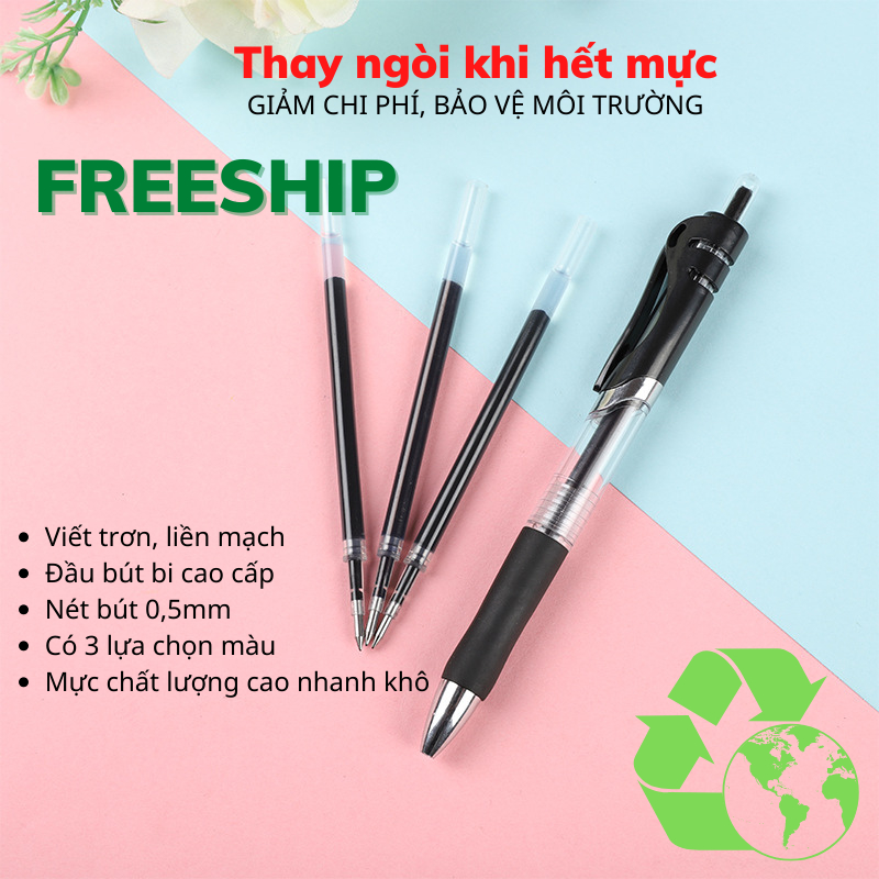 Bút Bi Bấm Mực Ra Đều Viết Trơn Cầm Chắc Tay Có Thể Thay Ngòi Queenleestore