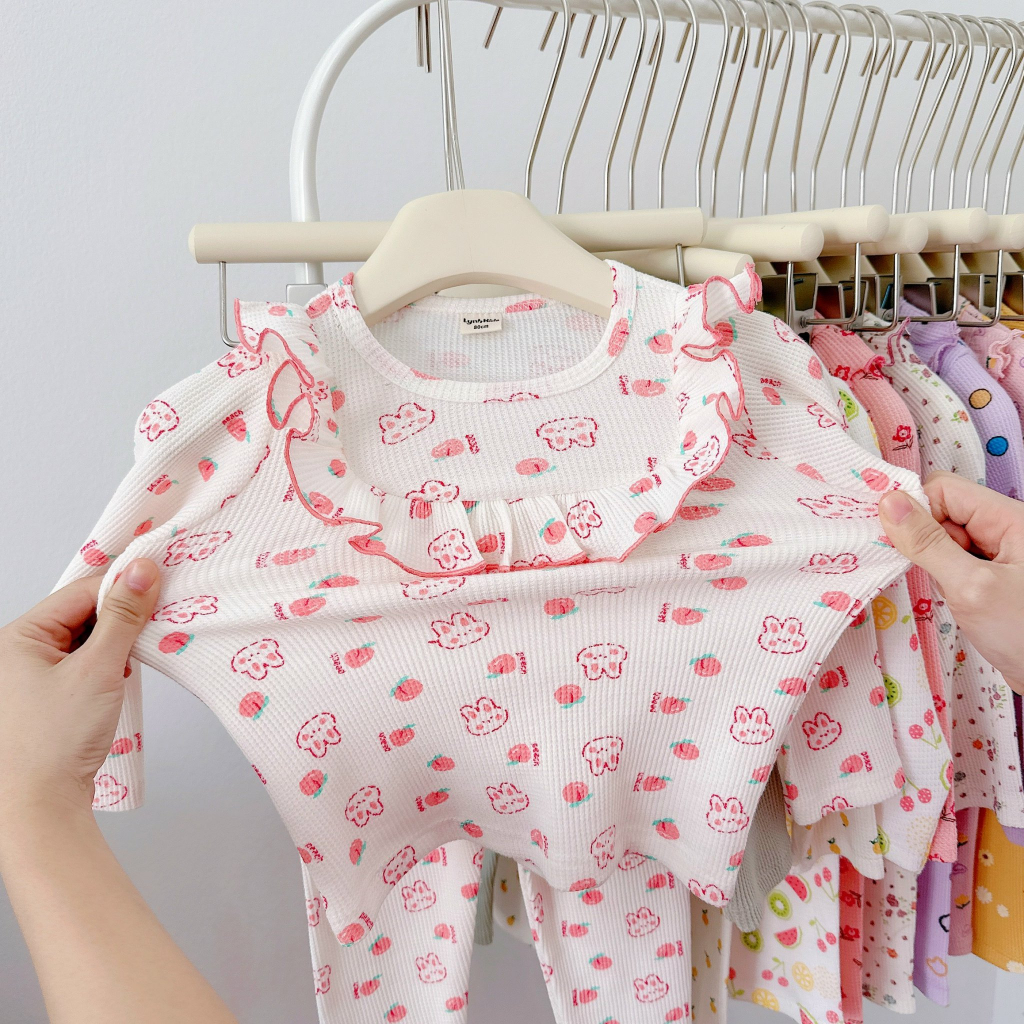 Bộ dài tay bèo tiểu thư chất cotton tổ ong xuất dư cho bé gái
