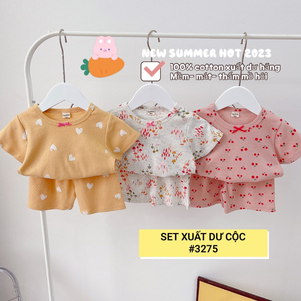 Set 3 bộ Cotton xuất dư cho bé gái- Bộ cotton cộc tay mùa hè