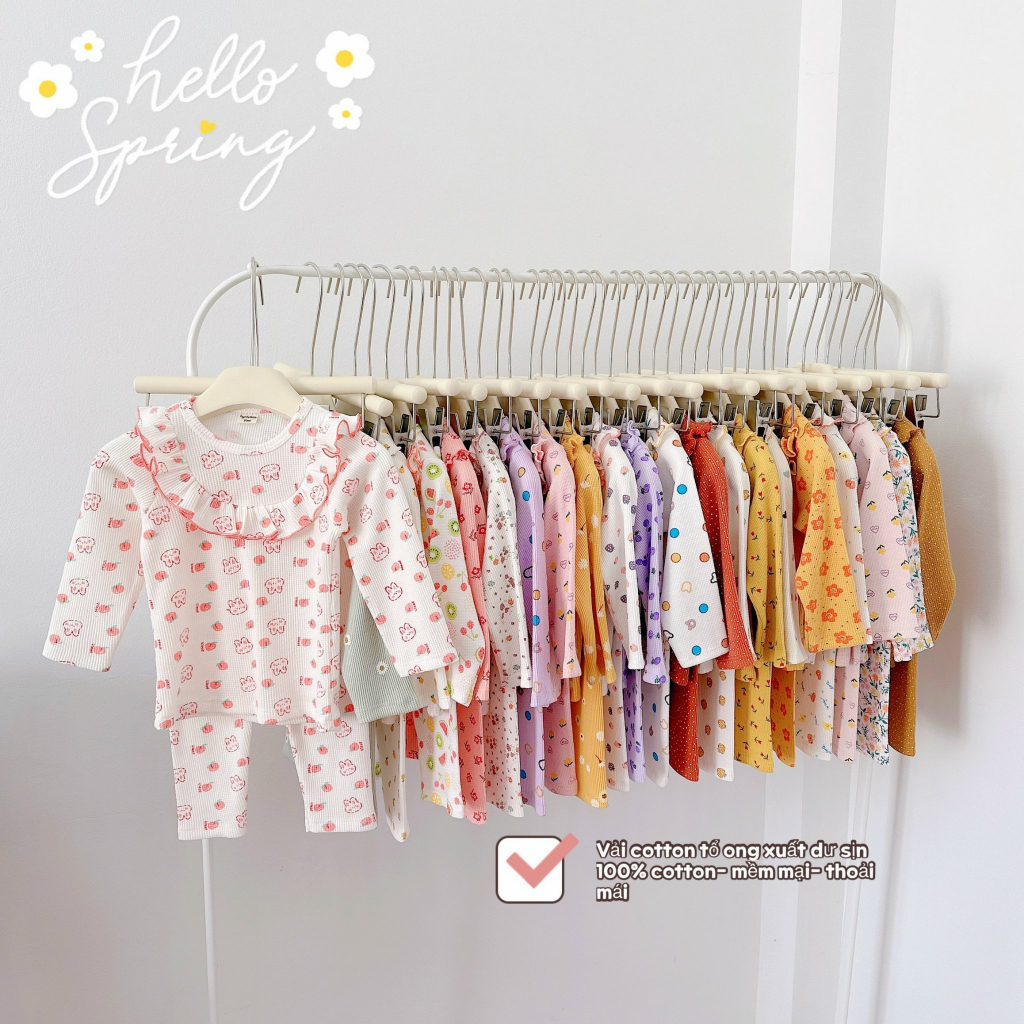 Bộ dài tay bèo tiểu thư chất cotton tổ ong xuất dư cho bé gái