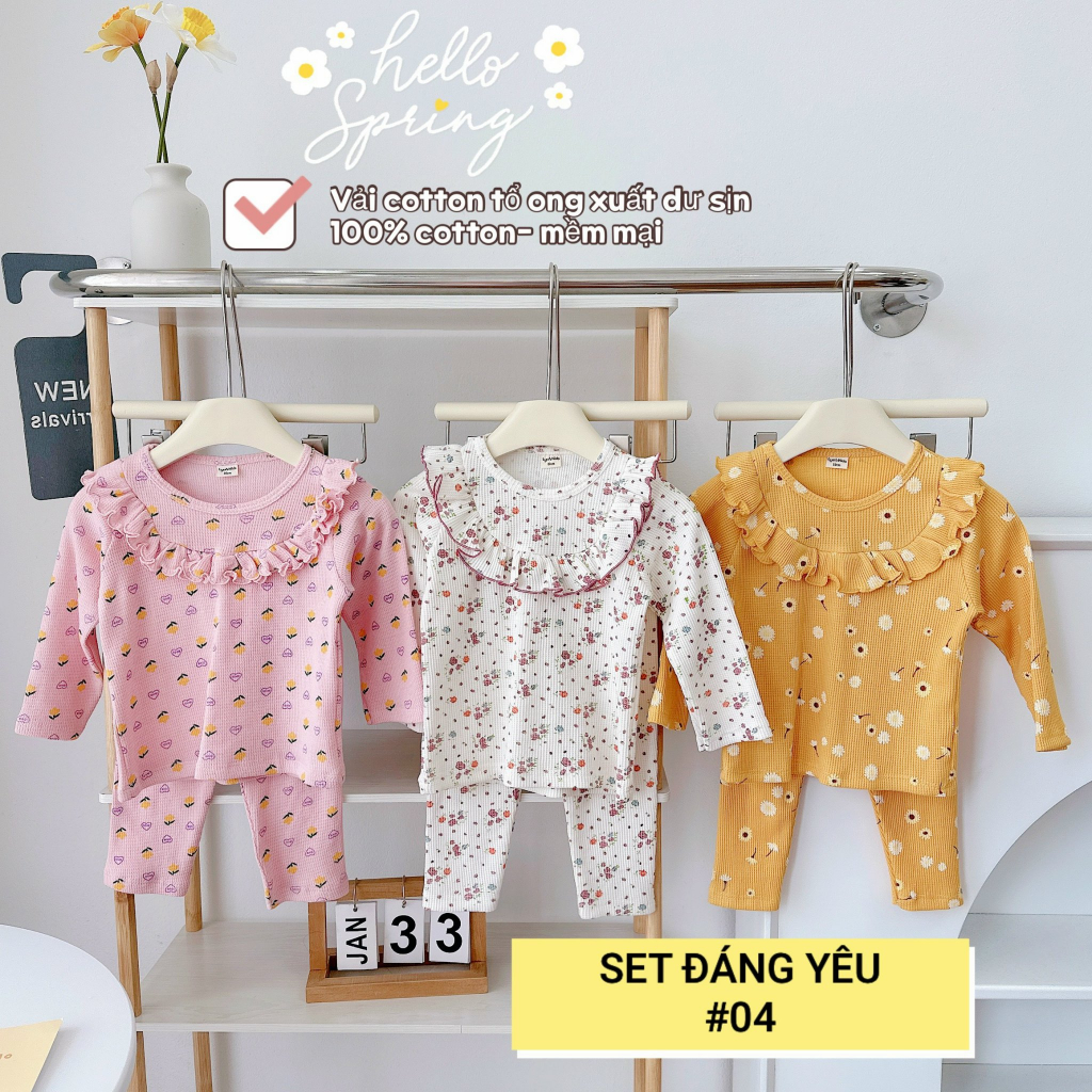 Bộ dài tay bèo tiểu thư chất cotton tổ ong xuất dư cho bé gái