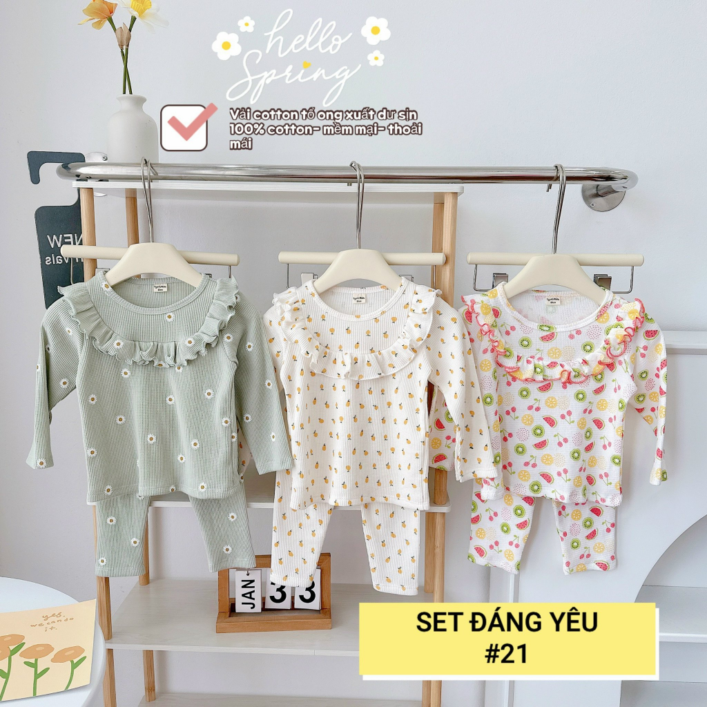 Bộ dài tay bèo tiểu thư chất cotton tổ ong xuất dư cho bé gái
