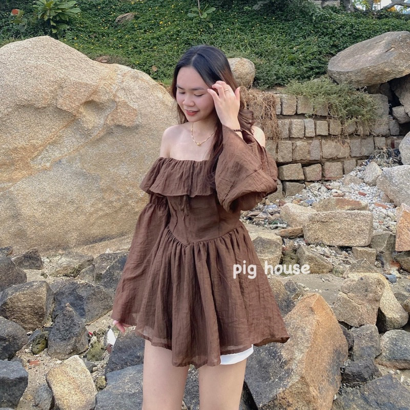 Áo kiểu nữ trễ vai tay loe dáng xoè chất đũi nhăn hai lớp dày dặn có đệm vai