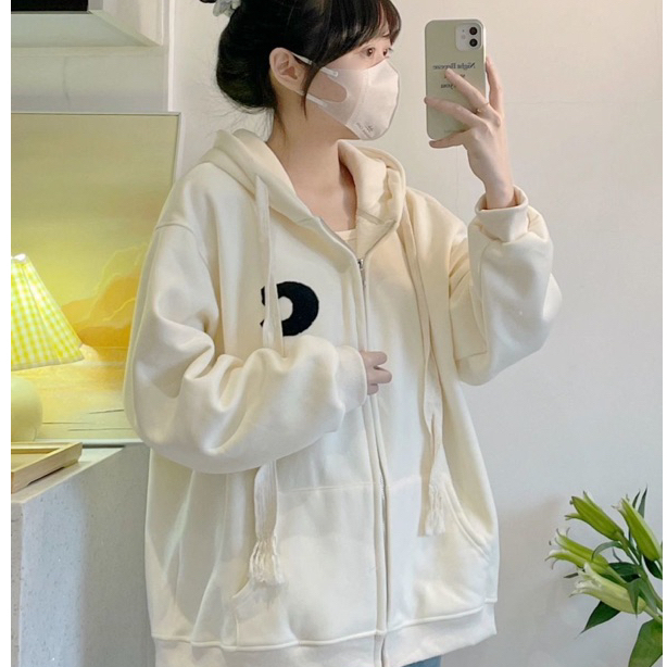 Áo khoác ngoài trơn chất nỉ bông cotton dày dặn dáng rộng phối dây kéo có mũ trùm rộng rãi