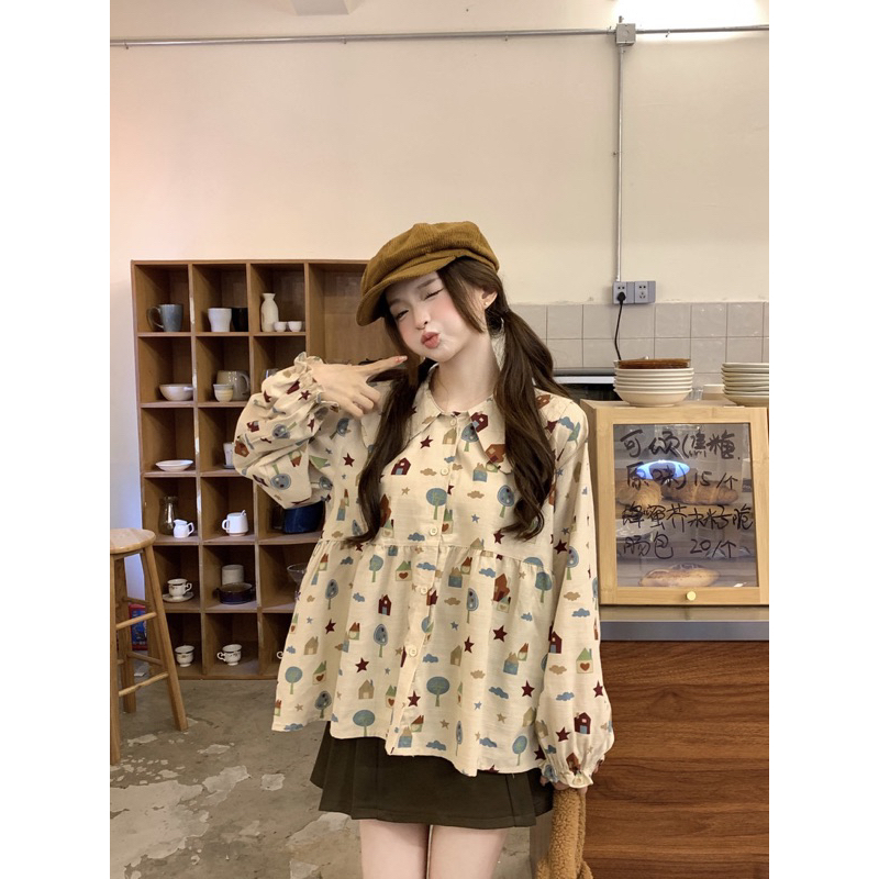 Áo sơ mi in cổ búp bê ngọt ngào mix áo vest dệt kim in hoạt hình