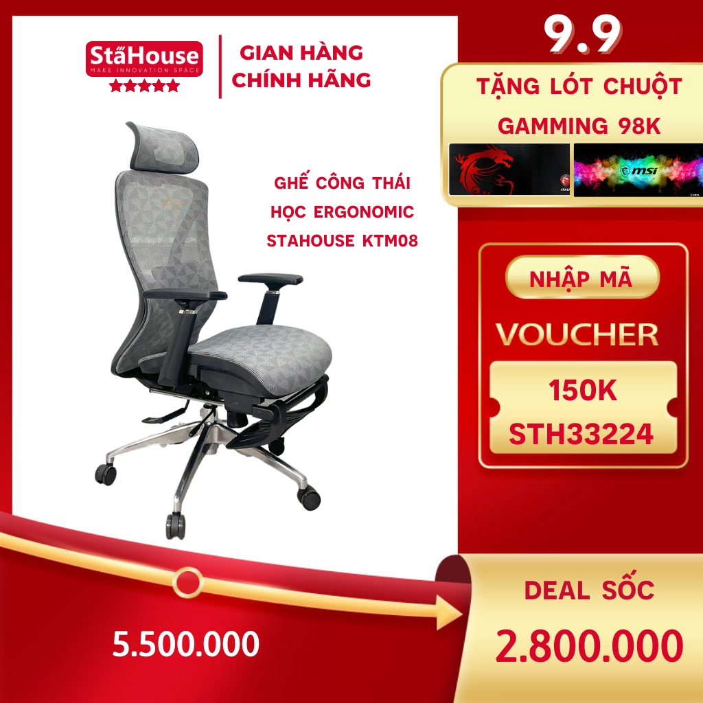 Ghế Công Thái Học Lưng Lưới Thoáng Mát Tay 3D - Có Gác Chân Egonomic STA-ONE KTM08