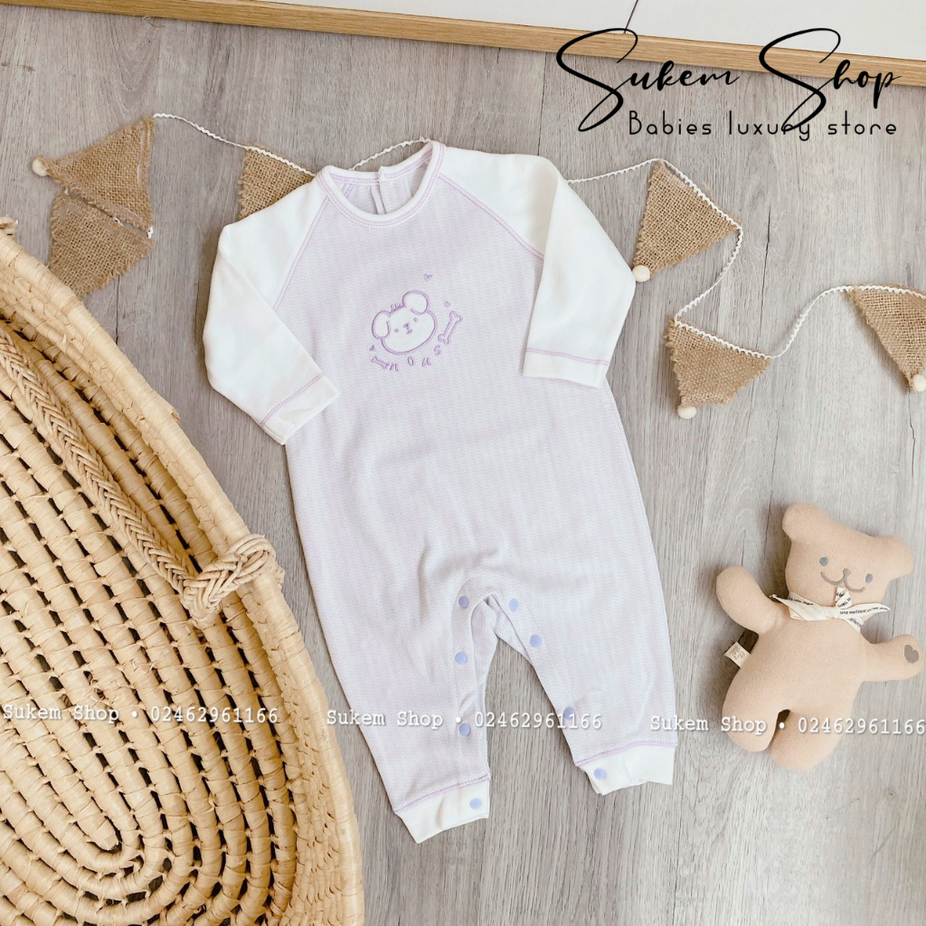 Bodysuit Không Tất Dài Kẻ Phối Tay Thêu Mặt Cún Nous Velours Cho Bé