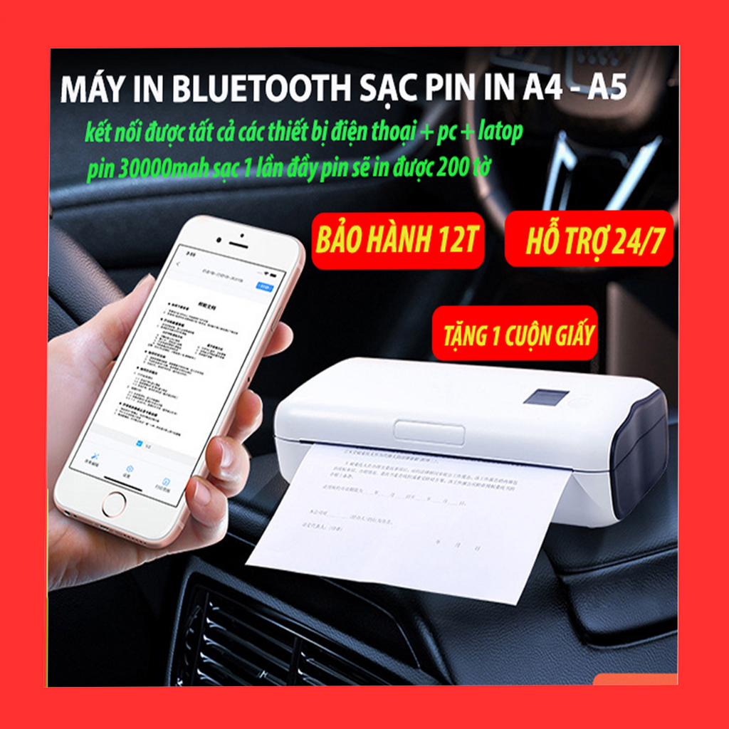 [FREESHIP+1 CUỘN GIẤY] Máy in Bluetooth mini khổ A4-A5 giấy nhiệt sạc pin,nhỏ gọn tiện lợi dễ dàng mang đi khắp mọi nơi