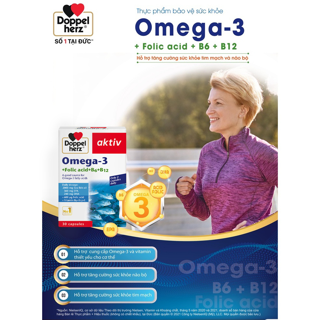 Combo 03 hộp viên uống dầu cá tăng cường thị lực, tim mạch, não bộ Doppelherz Omega 3 + Folic acid + B6 + B12 (Hộp 30v)