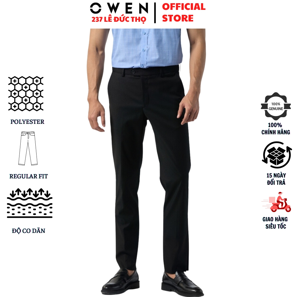 Quần âu nam Owen QRT231533 đồ tây công sở chất polyester cao cấp màu đen trơn form regular fit suông vừa cạp tăng đơ