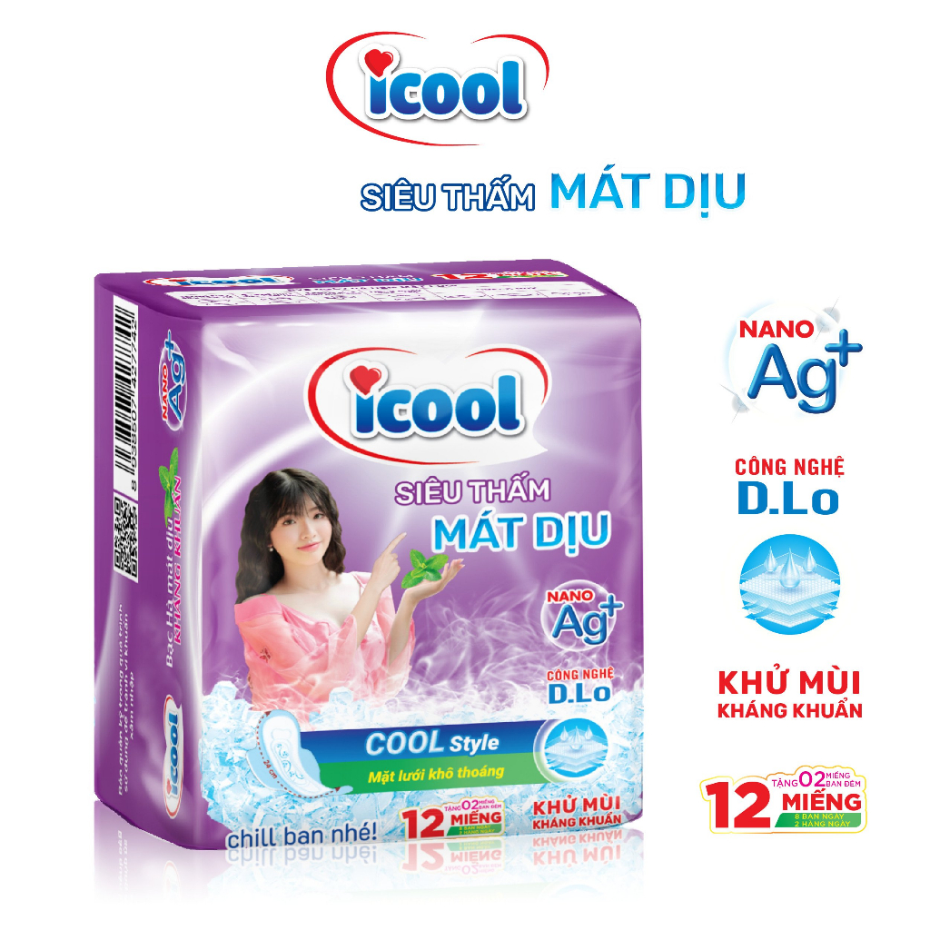 Băng vệ sinh ICOOL Siêu Thấm mới , BVS ban ngày 24cm,có cánh, mặt lưới khô thoáng,bạc hà mát dịu